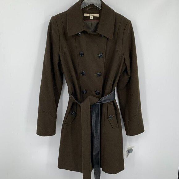 DKNY Donna Karan double breasted wool coat jacket faux leather Olive new 14 - Picture 1 of 5